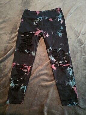 Black Tie-Dye Cutout Leggings Pink Blue Destroyed Ripped Slashed Butt Scrunch XL